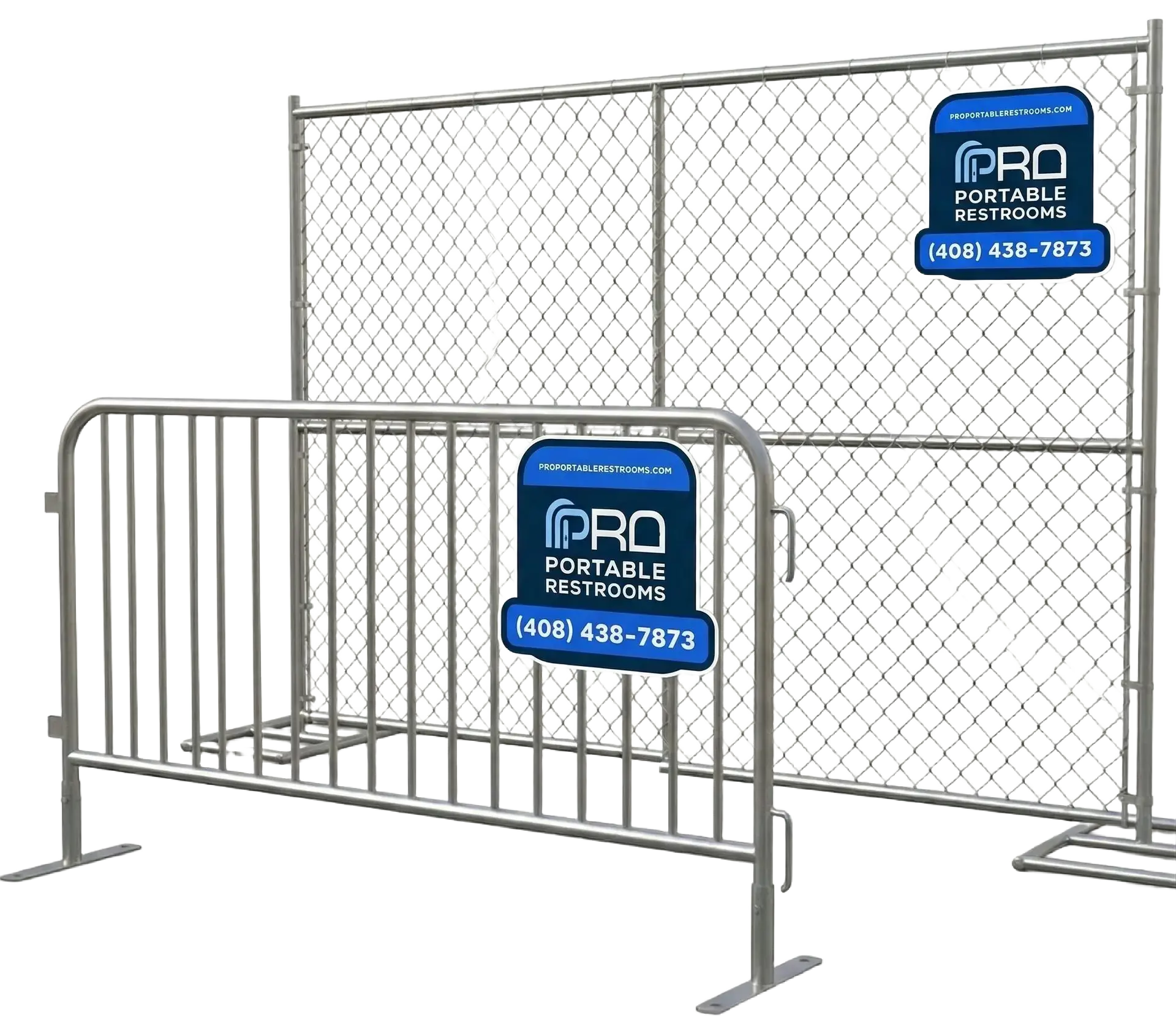 Chain-link fence panel and steel pedestrian barricade for site security and crowd control