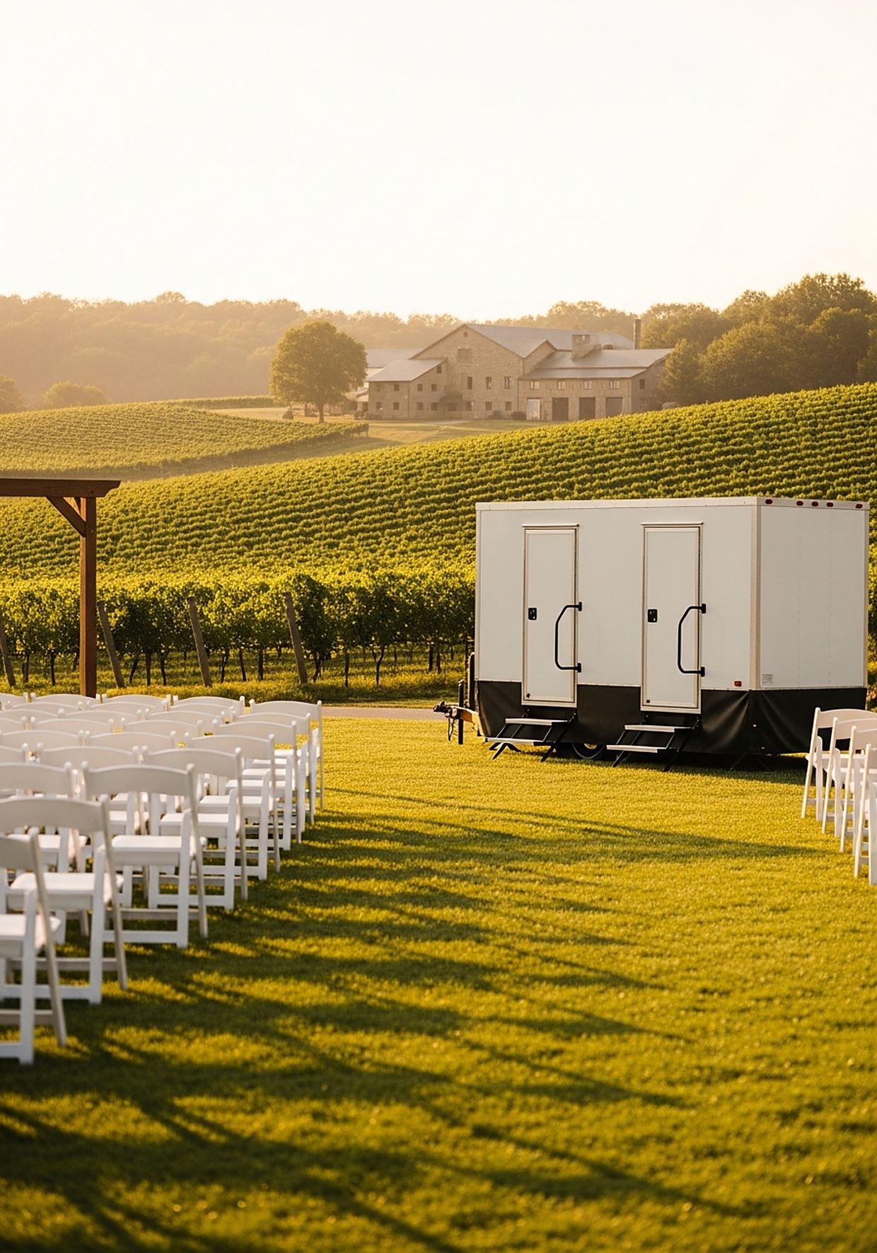 A luxury restroom trailer set up beside the ceremony seating at a vineyard wedding venue in late-afternoon light