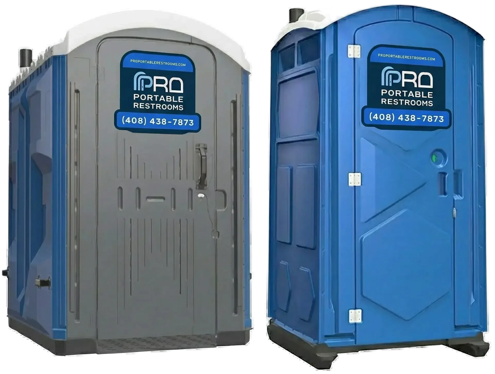 Two standard portable restroom units, one gray and one blue, fully stocked and ready for rental