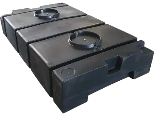 Black high-capacity portable waste holding tank with sealed lids for on-site waste management